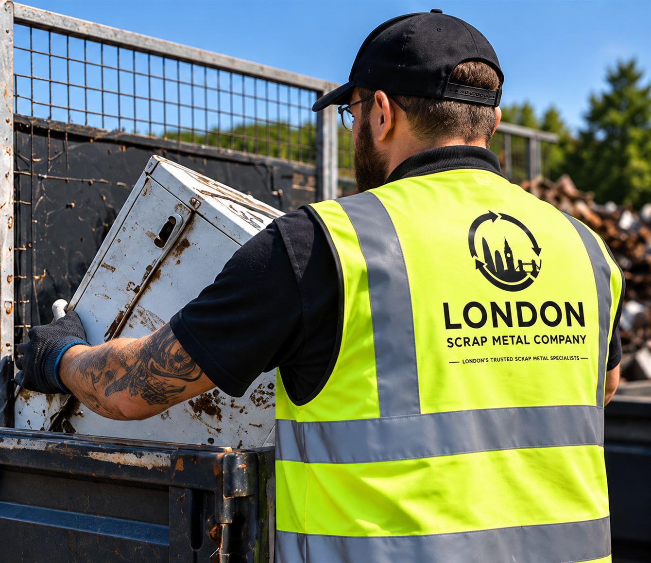 London Scrap Metal Company operative loading a metal cabinet into a collection cage