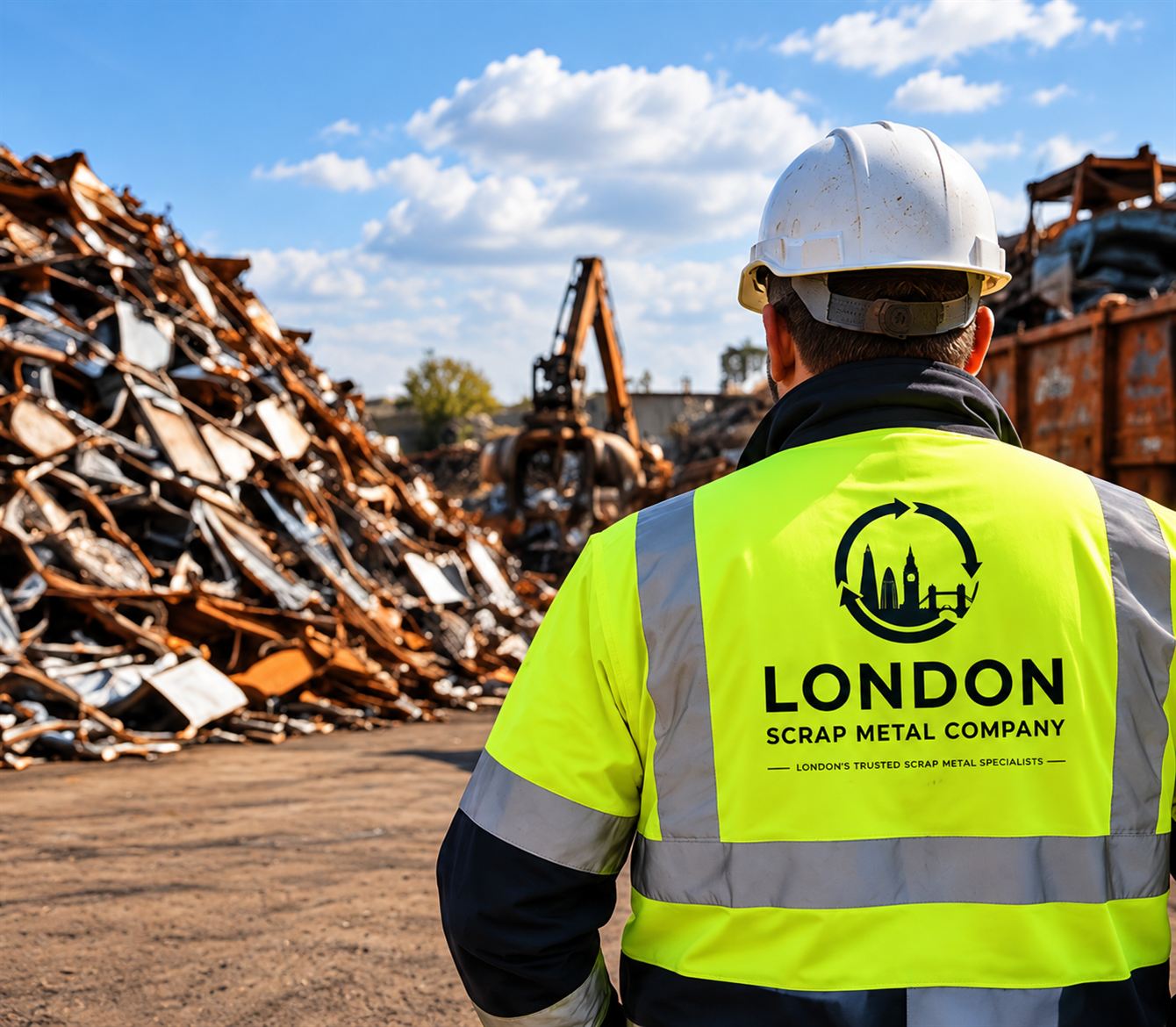 A London Scrap Metal Company operative in branded hi-vis facing sorted piles of scrap