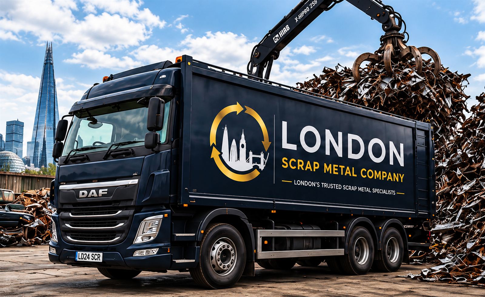 A London Scrap Metal Company lorry loading scrap with a grab crane, the Shard behind