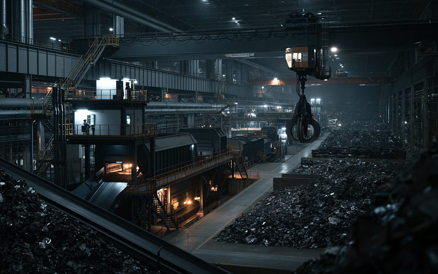 Overhead grab crane working above sorted scrap inside a metal recycling facility