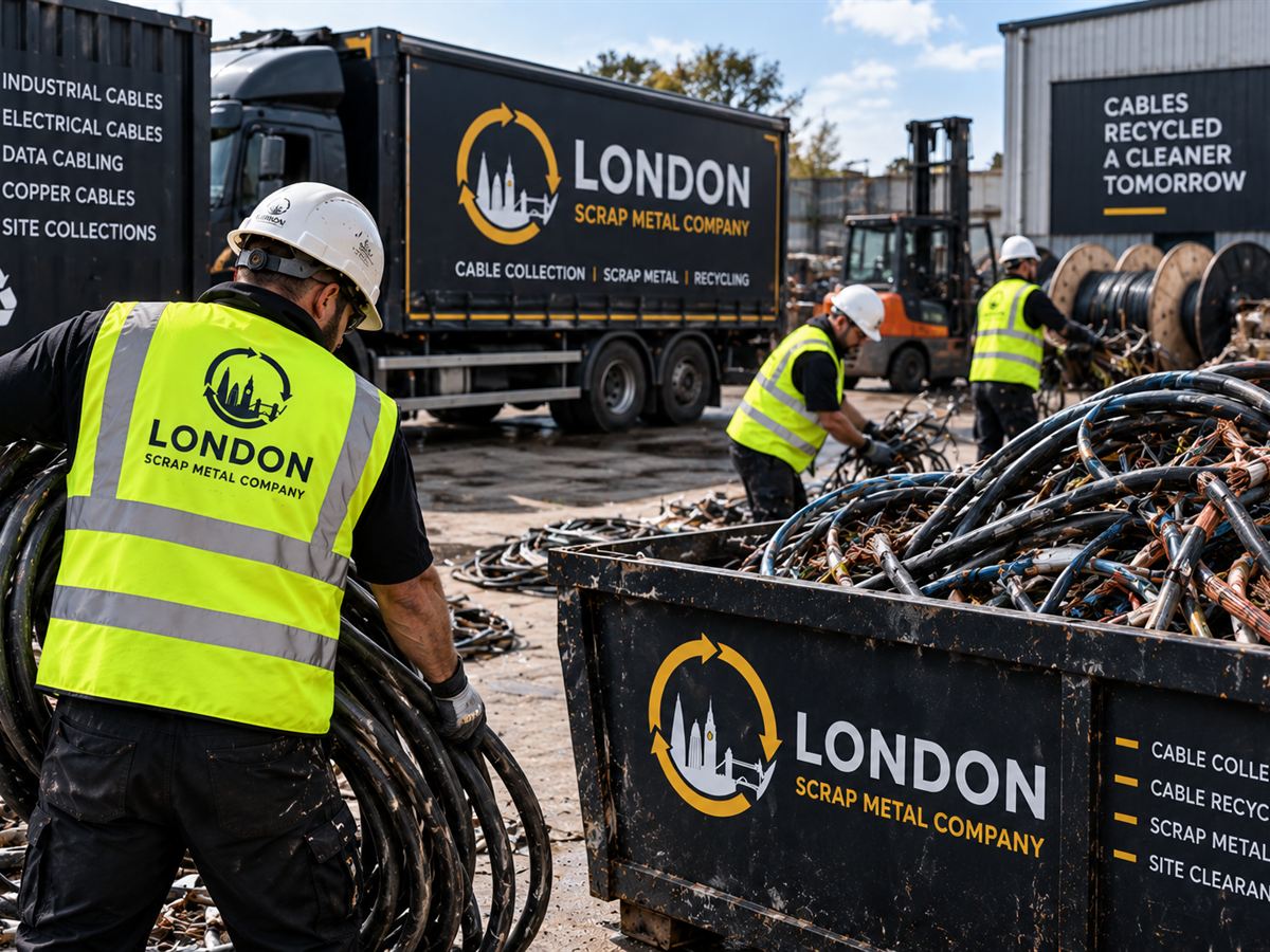 London Scrap Metal Company crew loading heavy scrap cable into a branded skip, collection lorry behind