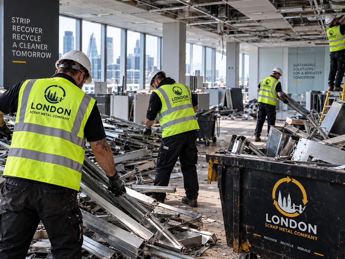 London Scrap Metal Company crew in branded hi-vis stripping metal out of a commercial office floor