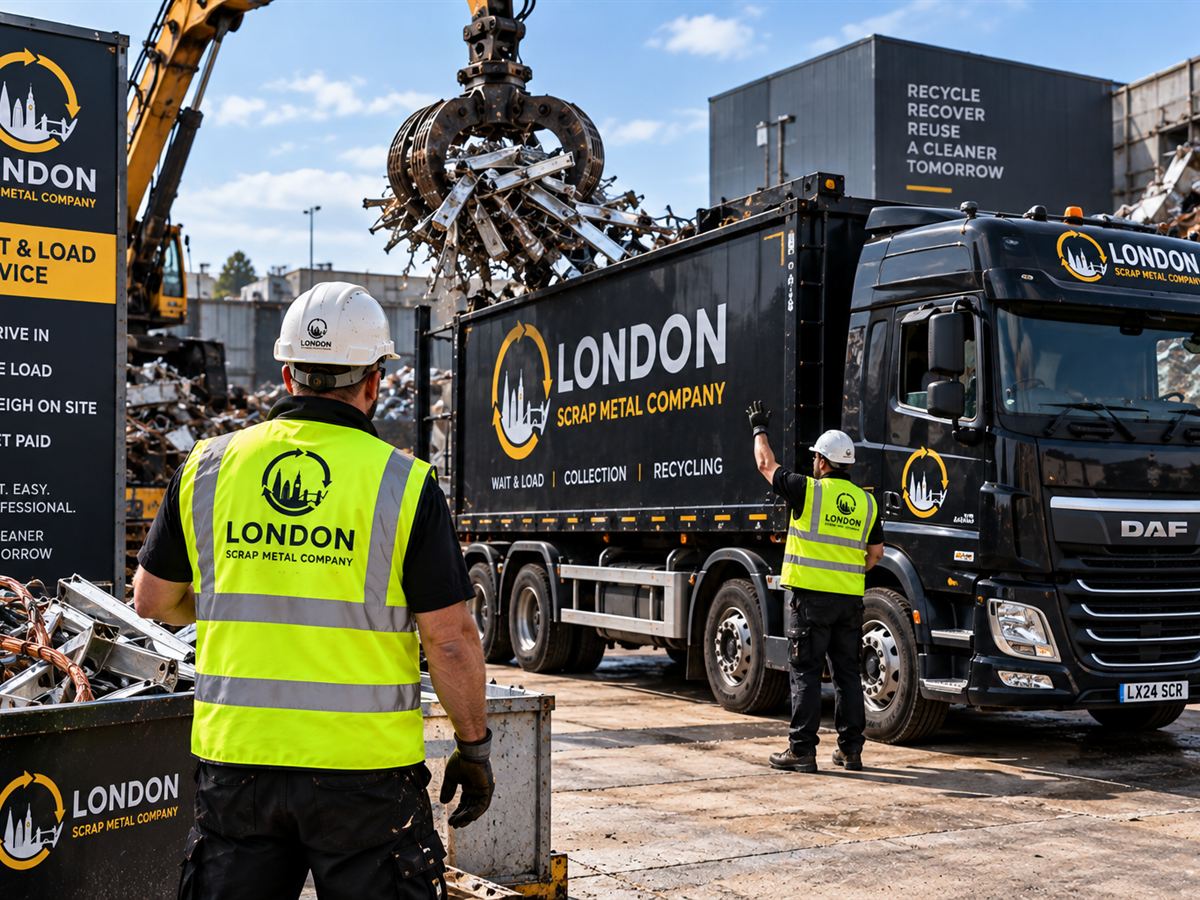 London Scrap Metal Company operative beside a branded lorry and wait and load sign as a grab loads scrap