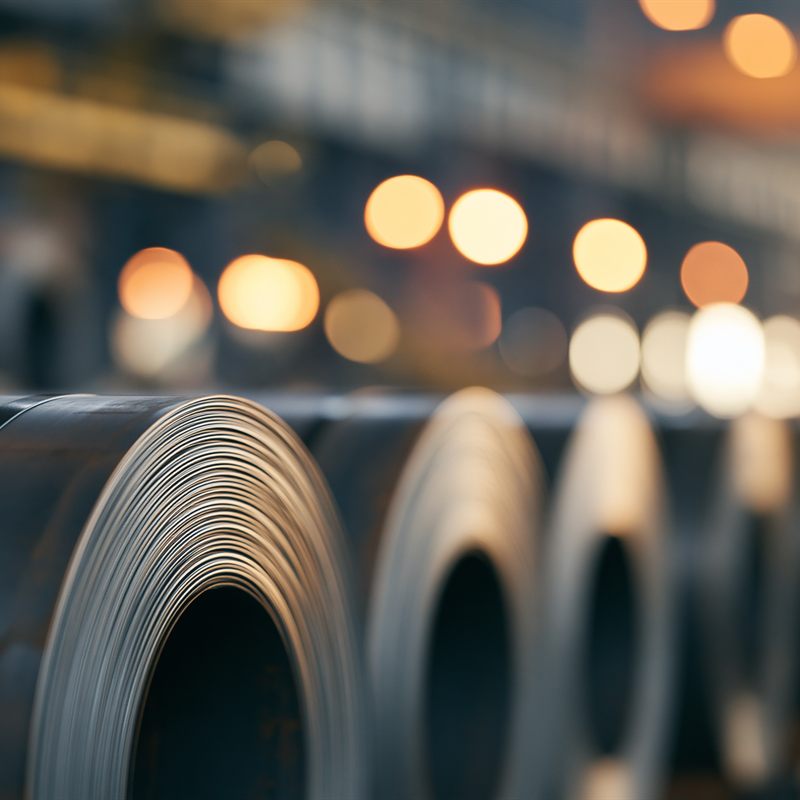 Coils of rolled steel strip in a processing mill