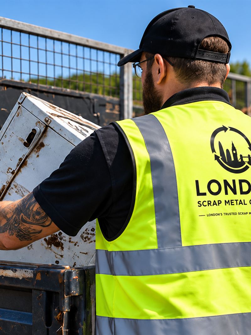 A London Scrap Metal Company operative loading a metal cabinet into a collection cage