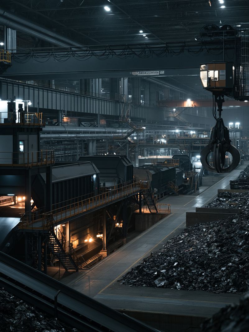 An overhead grab crane working above sorted scrap inside a metal recycling facility