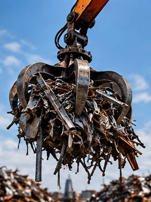 A mechanical grab claw lifting mixed scrap metal against the sky