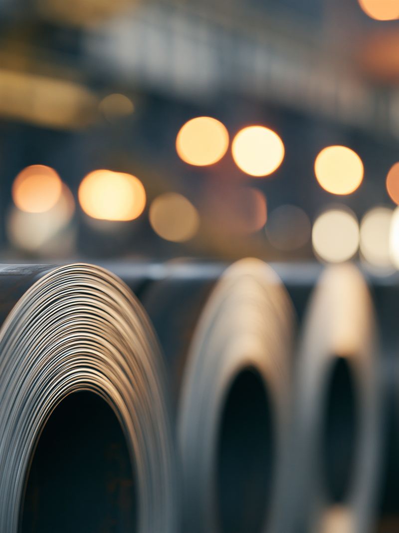 Coils of rolled steel strip stacked in a processing mill